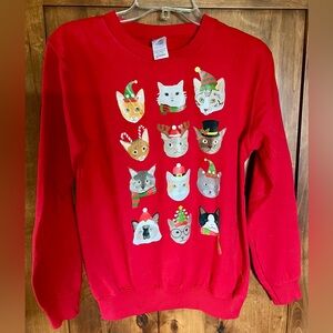 Gildan Red Festive Cat Print unisex Sweatshirt NWOT